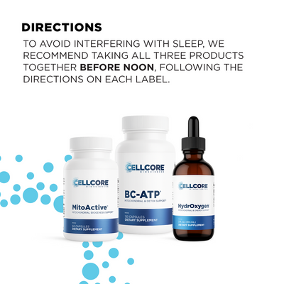 CellCore Biosciences Energy3 Bundle bottles and dropper with label text and usage directions on a white background