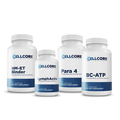 CellCore Biosciences Step 4: Systemic Detox kit bottles of HM-ET Binder, LymphActiv, Para 4, and BC-ATP capsules on white background