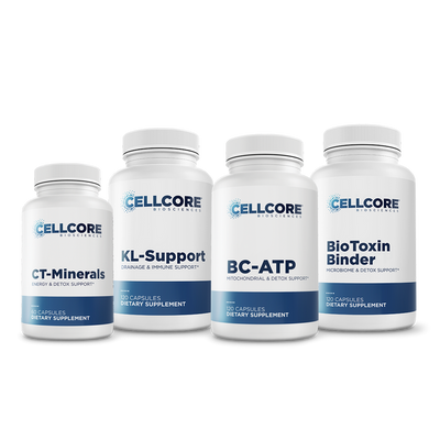 CellCore Biosciences Step 1: Energy and Drainage kit with four white capsule bottles CT-Minerals, KL-Support, BC-ATP, BioToxin Binder