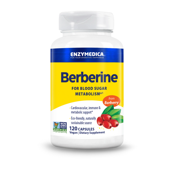 Enzymedica Berberine 120 Capsules bottle front, yellow and white label with barberry graphic and supplement details