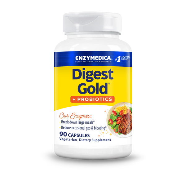 Enzymedica Digest Gold + Probiotics 90 Capsules bottle front with yellow label and meal image on white background
