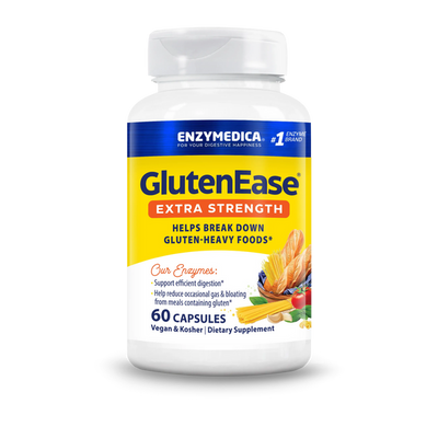 Enzymedica GlutenEase Extra Strength 60 Capsules bottle front with yellow label and gluten-heavy foods graphic