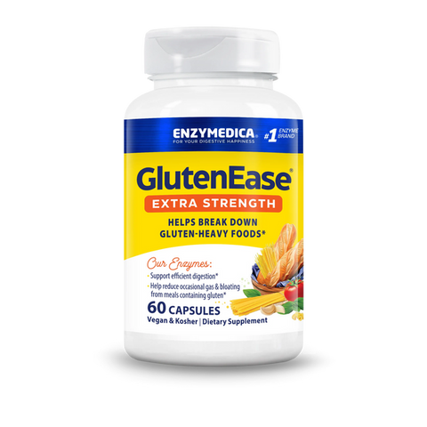 Enzymedica GlutenEase Extra Strength 60 Capsules bottle front with yellow label and gluten-heavy foods graphic