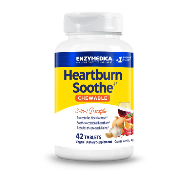 Enzymedica Heartburn Soothe Chewable 42 tablets bottle front, white with yellow label and orange vanilla flavor images