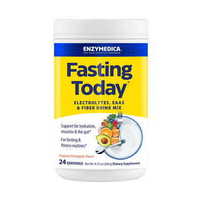 Enzymedica Fasting Today 24 servings front label, yellow and white tub for electrolyte and fiber drink mix