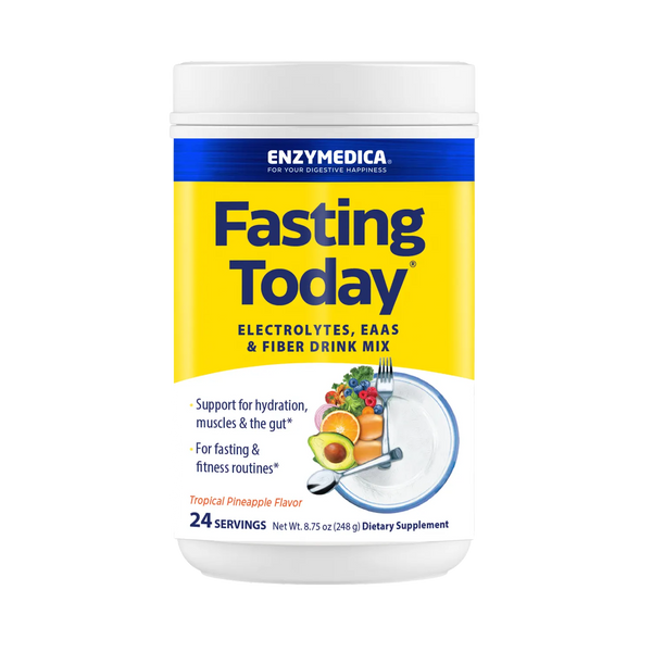 Enzymedica Fasting Today 24 servings front label, yellow and white tub for electrolyte and fiber drink mix