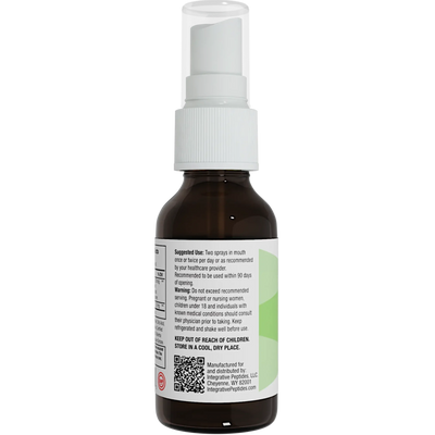 Integrative Peptides TB4-Frag Spray 0.85 oz brown bottle back label with usage, warning text, QR code and white spray cap