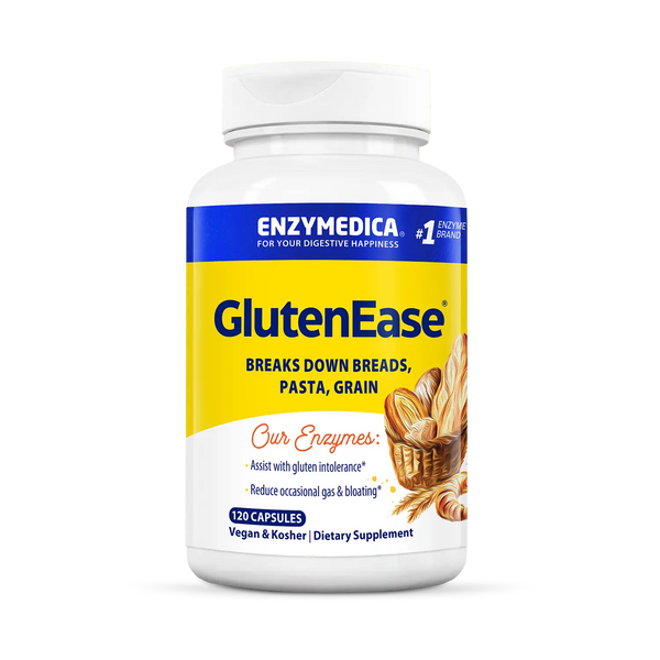 Enzymedica GlutenEase 120 Capsules bottle front with yellow and blue label featuring bread graphics and digestive support text