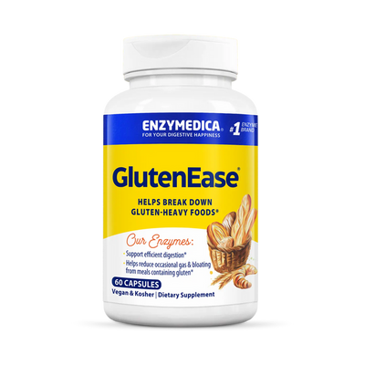 Enzymedica GlutenEase 60 Capsules bottle front, yellow and blue label with bread basket graphic and digestive support text.