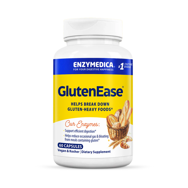 Enzymedica GlutenEase 60 Capsules bottle front, yellow and blue label with bread basket graphic and digestive support text.