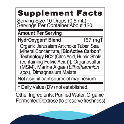 CellCore Biosciences HydrOxygen 2 oz supplement facts label listing HydrOxygen blend ingredients and serving details