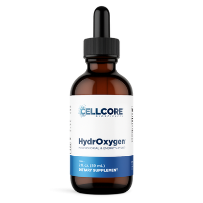 CellCore Biosciences HydrOxygen 2 oz dietary supplement in an amber dropper bottle with white and blue label