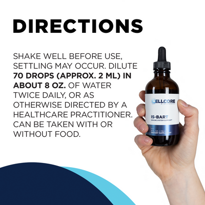 CellCore Biosciences IS-BART 4 oz dropper bottle held in hand beside usage directions text on white background