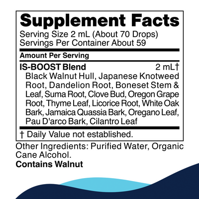 CellCore Biosciences IS-BOOST 4 oz supplement facts label listing herbal blend ingredients and walnut allergen warning