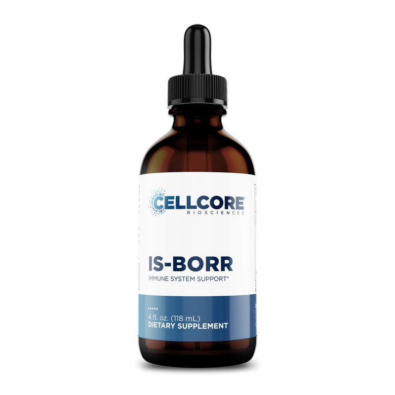 CellCore Biosciences IS-BORR 4 oz dietary supplement in an amber dropper bottle with white and blue label front view