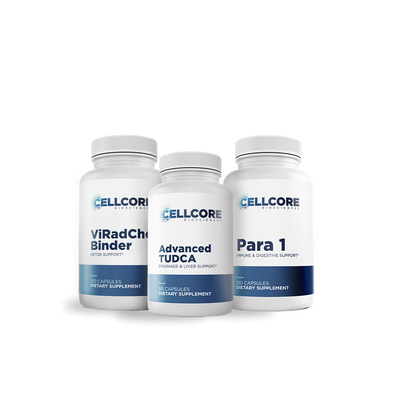 CellCore Biosciences Intestinal Permeability Support Bundle with ViRadChem Binder, Advanced TUDCA, and Para 1 capsule bottles