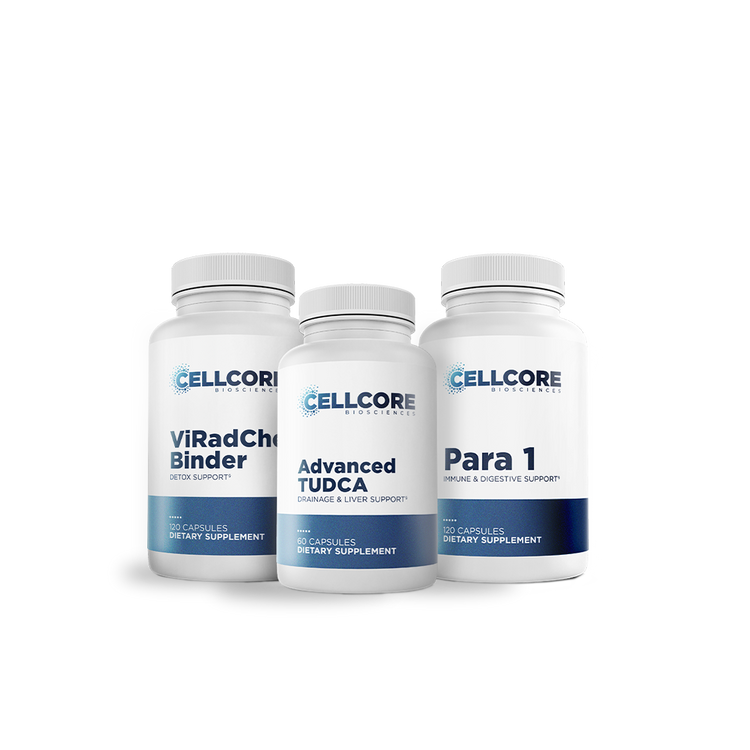 CellCore Biosciences Intestinal Permeability Support Bundle with ViRadChem Binder, Advanced TUDCA, and Para 1 capsule bottles