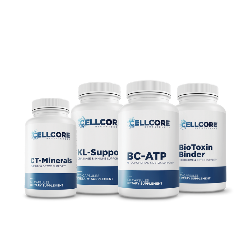 CellCore Biosciences Jumpstart Kit four white capsule bottles CT-Minerals, KL Support, BC-ATP, and BioToxin Binder