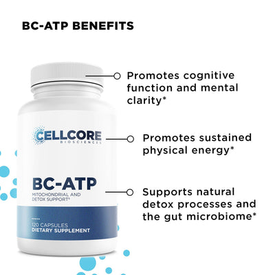 CellCore BC-ATP bottle showing benefits text for cognitive function, sustained energy, and detox and gut support