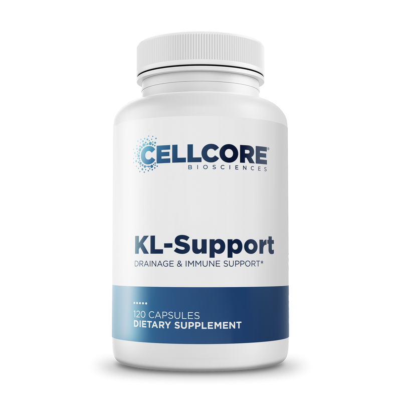 CellCore Biosciences KL Support 120 Capsules bottle front, white container with blue label for drainage and immune support