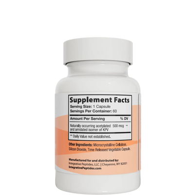 Integrative Peptides KPV 60 Capsules bottle showing the Supplement Facts label and orange-accented white packaging
