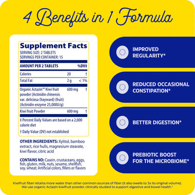 Enzymedica Kiwi Regularity 30 Tablets supplement facts panel with ingredients and four listed digestive health benefits