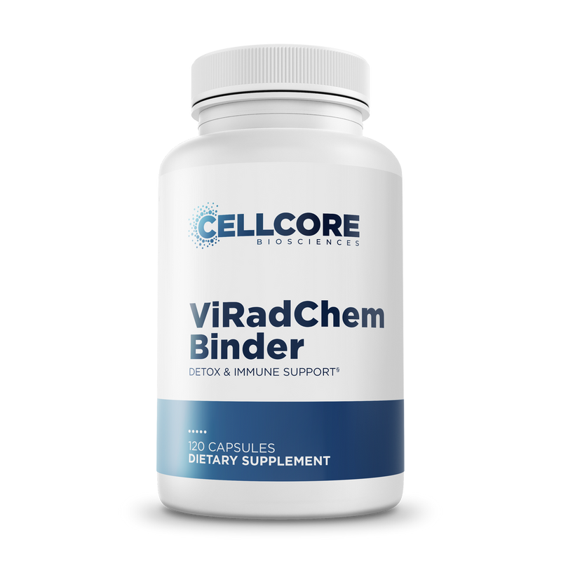 CellCore Biosciences ViRadChem Binder 120-capsule bottle front, white container with blue label for detox and immune support