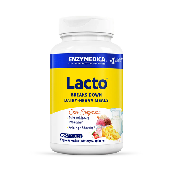 Enzymedica Lacto 90 Capsules bottle front, yellow and white label stating breaks down dairy-heavy meals