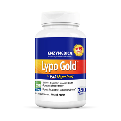 Enzymedica Lypo Gold 240 Capsules bottle front, blue and orange label highlighting fat digestion and keto friendly benefits