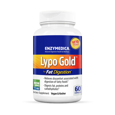 Enzymedica Lypo Gold 60 Capsules bottle front, blue and white label for fat digestion, keto friendly, vegan and kosher.