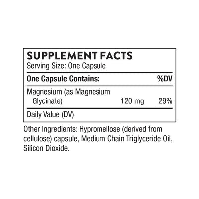 Thorne Magnesium Glycinate 90 Capsules supplement facts panel showing 120 mg magnesium glycinate per capsule and other ingredients