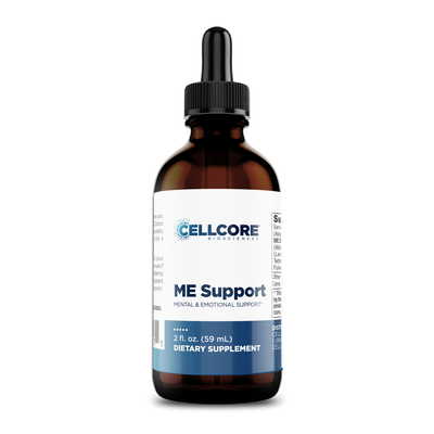 CellCore Biosciences ME Support 2 oz dietary supplement in an amber glass dropper bottle with white and blue label