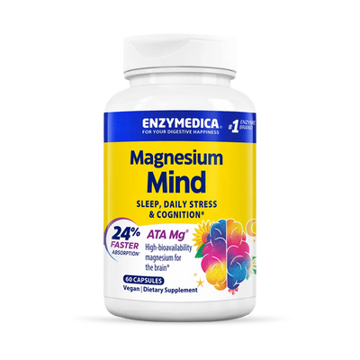 Enzymedica Magnesium Mind 60 Capsules bottle front, yellow label with sleep and stress support text and colorful brain graphic