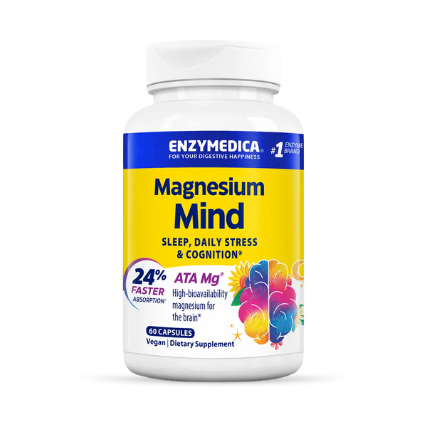 Enzymedica Magnesium Mind 60 Capsules bottle front, yellow label with sleep and stress support text and colorful brain graphic