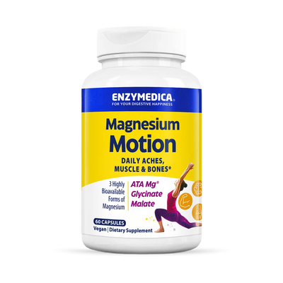 Enzymedica Magnesium Motion 60 Capsules bottle front with yellow and blue label for daily aches, muscle and bone support