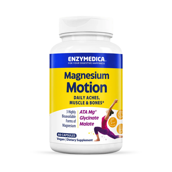 Enzymedica Magnesium Motion 60 Capsules bottle front with yellow and blue label for daily aches, muscle and bone support