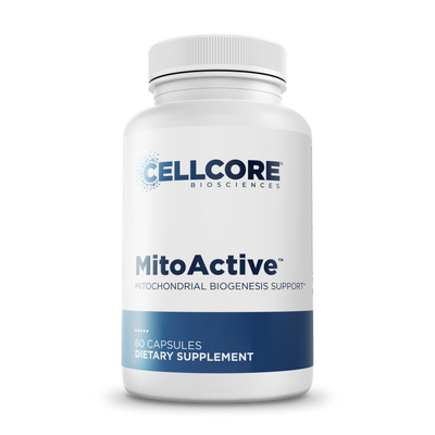 CellCore Biosciences MitoActive 60 Capsules bottle front, white container with blue label and supplement details