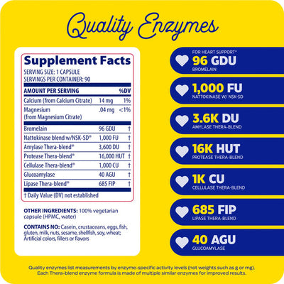 Enzymedica Natto-K 30 Capsules supplement facts panel detailing enzyme amounts and vegetarian capsule ingredients on blue background