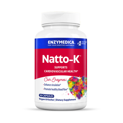 Enzymedica Natto-K 30 Capsules bottle front, red and white label with colorful heart graphic for cardiovascular support.