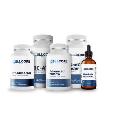 CellCore Biosciences Optimize A Bundle with white capsule bottles and brown Metabolic Activator dropper bottle front view