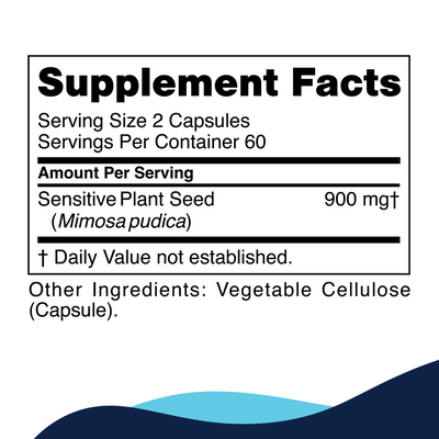 CellCore Biosciences Para 1 120 Capsules supplement facts label showing 900 mg Mimosa pudica seed and vegetable cellulose capsule