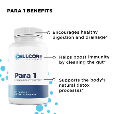 CellCore Biosciences Para 1 white bottle front label highlighting digestion, immunity, and detox support benefits