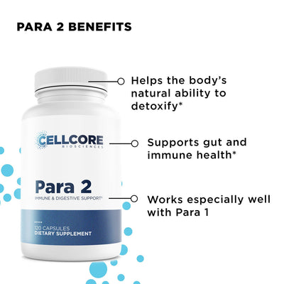CellCore Biosciences Step 2 Gut & Immune Support bottle front showing 120-capsule label and key detox and immune benefits