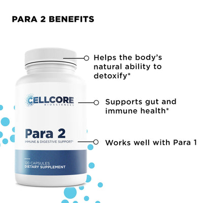CellCore Biosciences Para 2 capsules bottle front, immune and digestive support supplement with key benefits text on white background