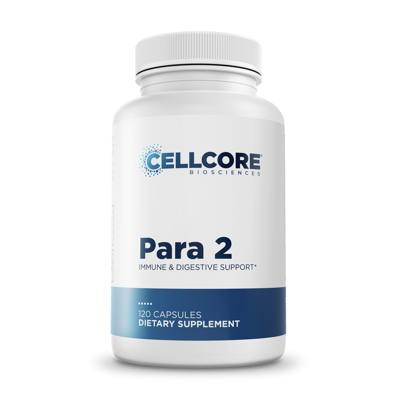CellCore Biosciences Para 2 120 capsules bottle front, white container with blue label for immune and digestive support