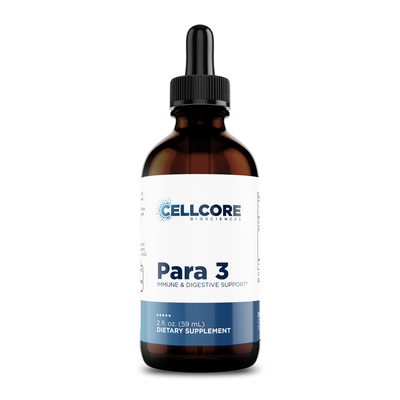 CellCore Biosciences Para 3 2 oz dietary supplement in an amber glass dropper bottle with white and blue front label