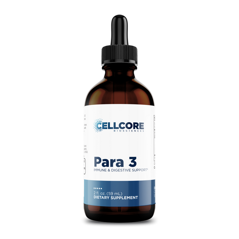 CellCore Biosciences Para 3 2 oz dietary supplement in an amber glass dropper bottle with white and blue front label