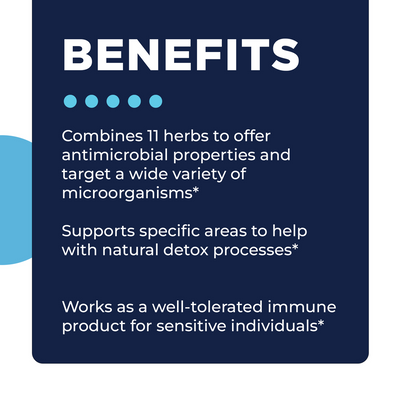 CellCore Biosciences Para 4 benefits graphic listing antimicrobial, detox, and immune support features on a navy background
