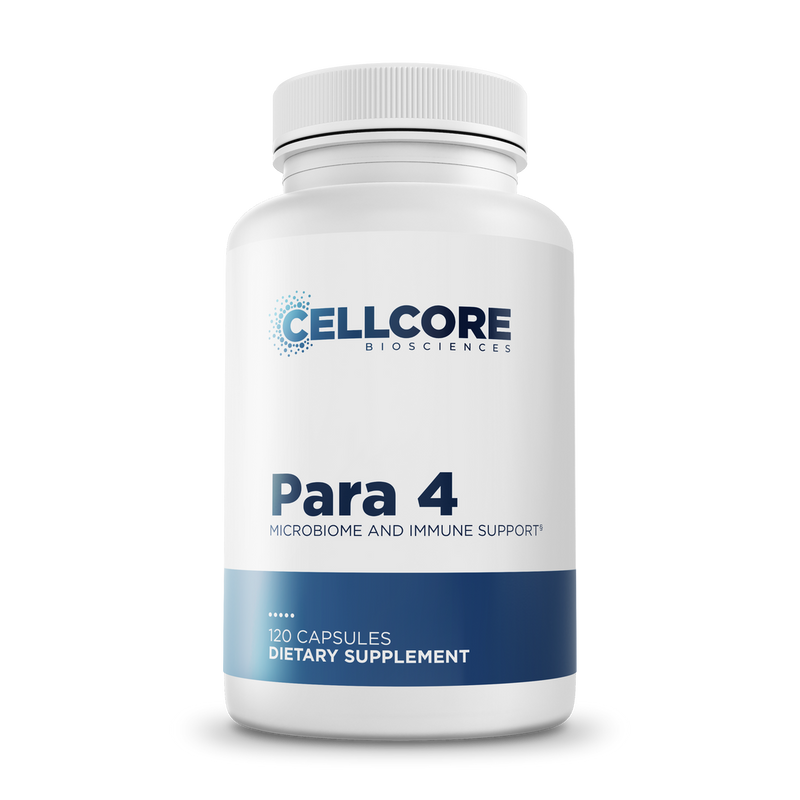 CellCore Biosciences Para 4 120 capsules bottle front, white container with blue label for microbiome and immune support