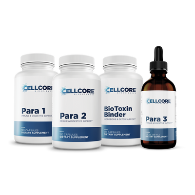 CellCore Biosciences Para Kit with Para 1, Para 2, BioToxin Binder capsule bottles and Para 3 liquid dropper bottle front view
